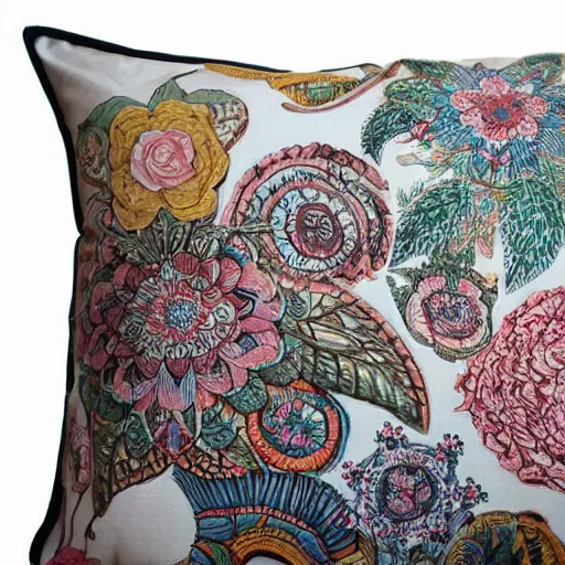 Image similar to the most amazing pillow every made, product shot, intricate, fine detail, full maximalist print