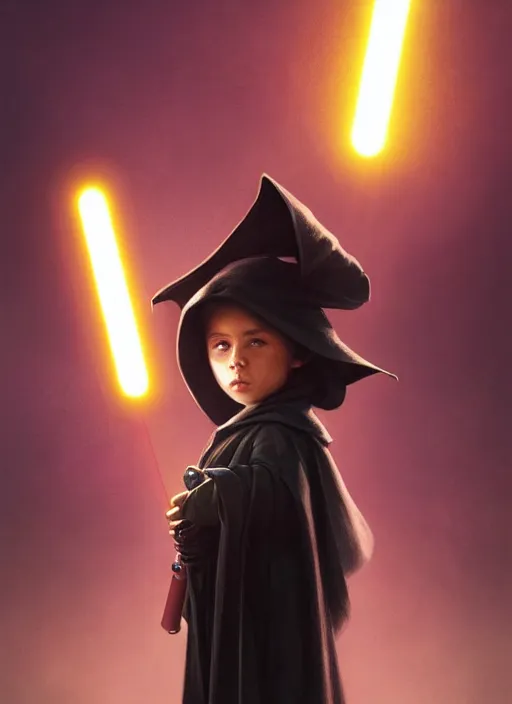 Image similar to perfectly - centered - portrait of a kid wearing black cloak holding light saber, intricate, highly detailed, digital painting, artstation, concept art, smooth, sharp focus, illustration, unreal engine 5, 8 k, art by artgerm and greg rutkowski and alphonse mucha and sam spratt