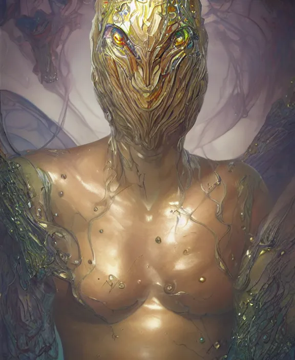 Image similar to portrait of a shining slime dripping geometric angular genderless insect alien monster, muscles, rippling, space warping and twisting, ultra realistic, concept art, intricate details, eerie, highly detailed, photorealistic, octane render, 8 k, unreal engine. art by artgerm and greg rutkowski and alphonse mucha