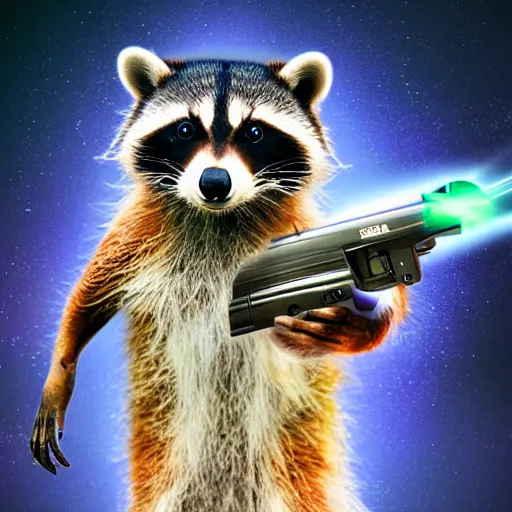 Image similar to racoon holding a laser gun, digital art , centred award winning 4K