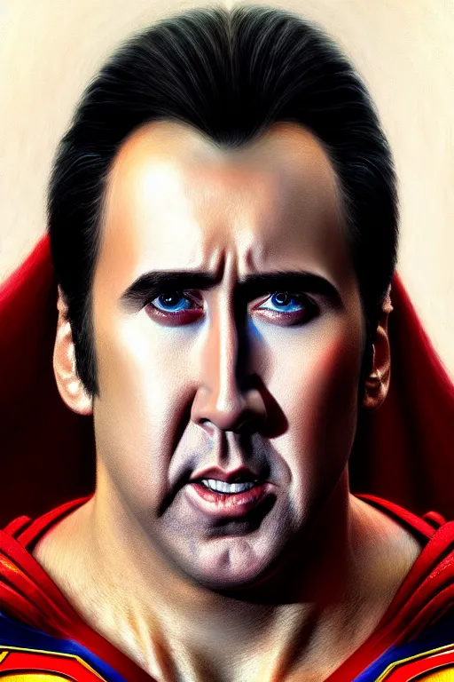 Image similar to portrait of nicolas cage as superman looking away from the camera, detailed eyes, sparkle in eyes, no hands visible, intricate, extremely detailed digital painting by greg rutkowski and mark brooks, hd, artstation