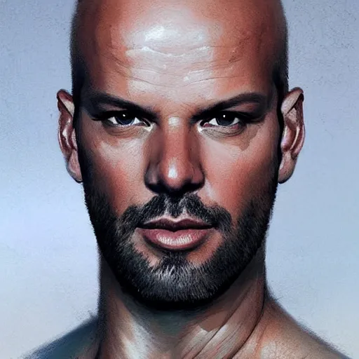 Image similar to portrait of a bald!!! ricky martin in mid thirties with gray designer stubble!!!!!!! by greg rutkowski, attractive, highly detailed portrait, scifi, digital painting, artstation, concept art, smooth, sharp foccus ilustration, artstation hq