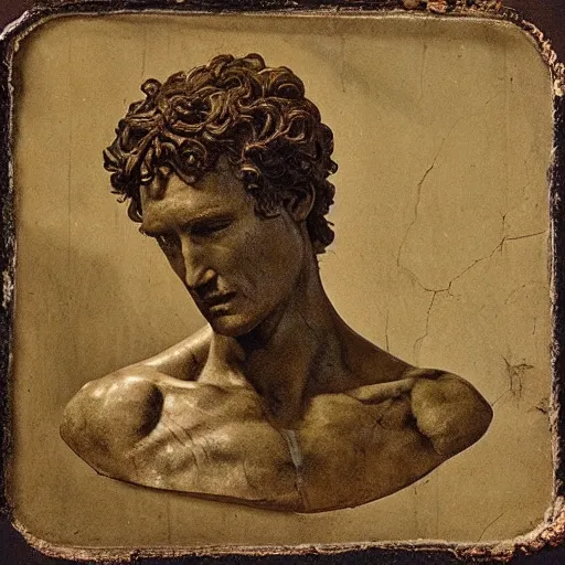 Image similar to “1800s era photograph of Michelangelo sculpting Matthew McConaughey as David, hyperrealistic, hd, faded, cracked, stained”