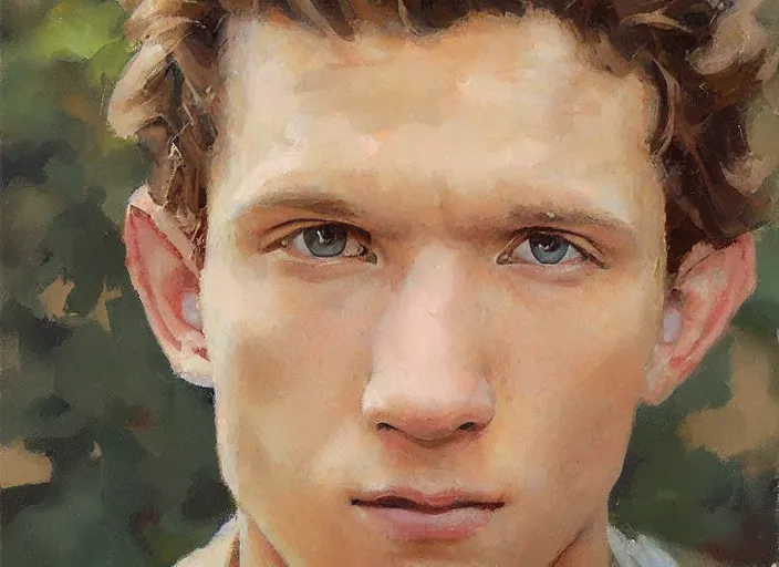 Image similar to a highly detailed beautiful portrait of tom holland, by gregory manchess, james gurney, james jean