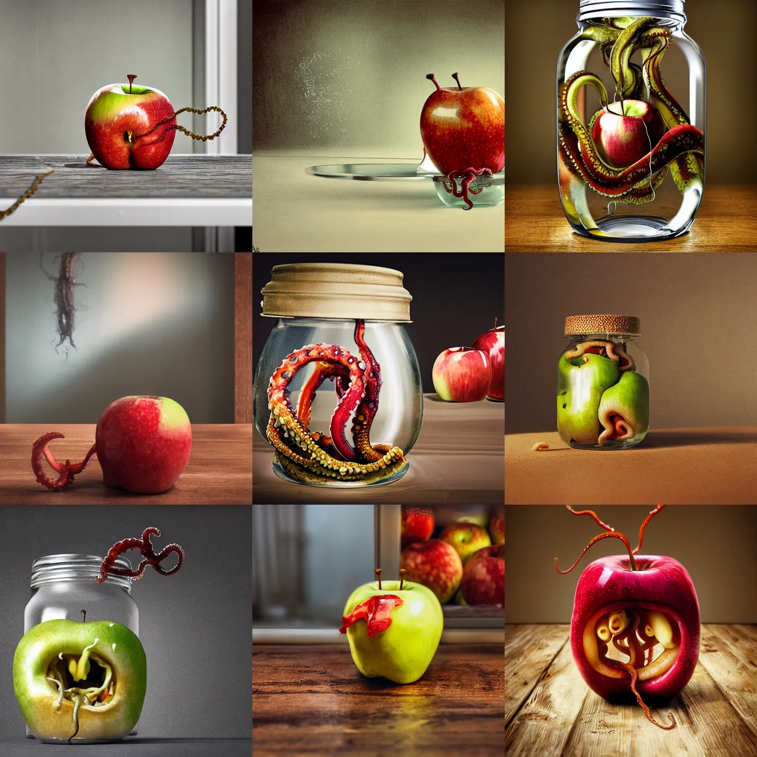 Prompt: rotten tentacles coming out of a rotten apple inside a glass jar on a kitchen table hyperrealistic photography detailed