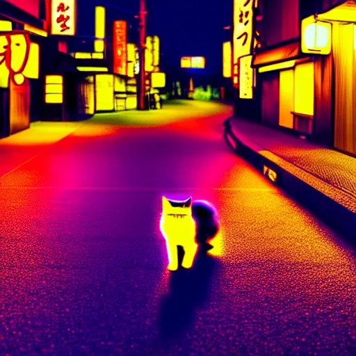 Image similar to a cat waking in a neon light street, in japan, 4 k, high definition wallpaper