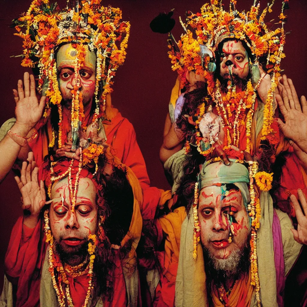 Prompt: award winning photo of a todd solondz as guru becoming god in india, sad and happy, crying and smiling franticly, vivid colors, happy, symmetrical face, beautiful eyes, studio lighting, wide shot art by sally mann & arnold newman