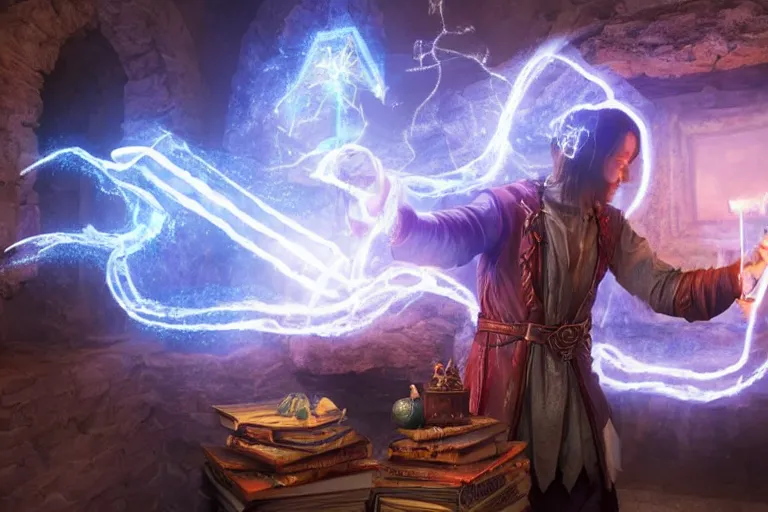 Image similar to A skilled sorcerer in their study, drawing glowing magic runic symbols in the air, enchanting objects with glyph magic, D&D fantasy setting, 4k