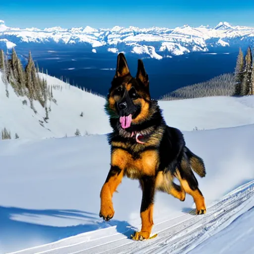 Prompt: german shepard dog skiing down edith cavel mountain, edith cavel, alberta mountain, rocky mountain, mountain, in the disney cartoon style, high definition, bright colours,