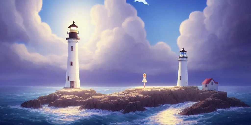 Image similar to the girl and the lighthouse. matte painting, anime, studio ghibli. intricate, elegant, super highly detailed, professional digital painting, artstation, concept art, smooth, Unreal Engine 5, Photorealism, HD quality, 8k resolution, cinema 4d, 3D, beautiful, cinematic