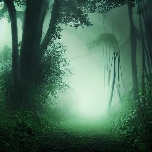 Image similar to deep jungle scene, dark atmosphere, dense fog, dark green tones