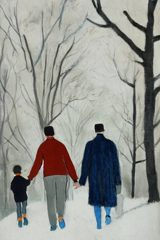 Image similar to a very tall man with dark hair holding the hands of a short young boy as they walk in a park on a bright beautiful winter day. part in the style of an edgar degas painting. part in the style of david hockney. triadic color scheme