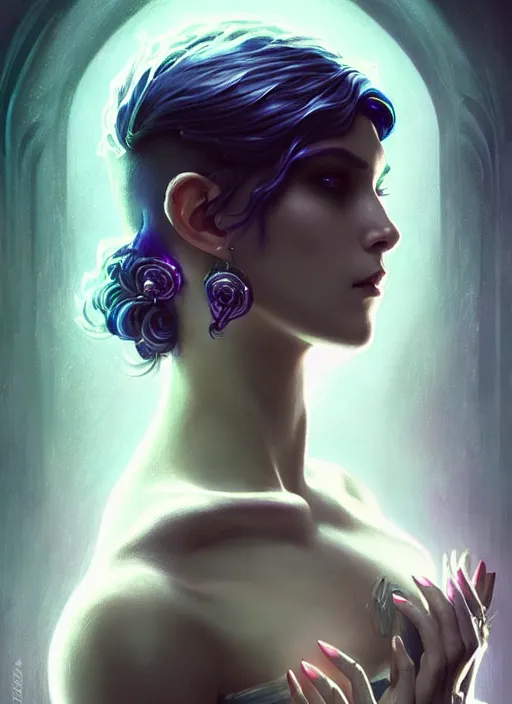 Prompt: a beautiful cinematic female Necromancer Sorceress, galatic shamen with Quantum energy fantasy, fantasy magic, short fade hair, undercut hairstyle, dark light night, intricate, elegant, sharp focus, illustration, highly detailed, digital painting, concept art, matte, art by WLOP and Artgerm and Greg Rutkowski and Alphonse Mucha, masterpiece