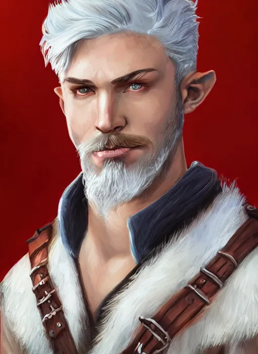 Prompt: tristan fulcher livedoce young man with short white fringe white hair and moustache, dndbeyond, bright, colourful, realistic, dnd character portrait, full body, pathfinder, pinterest, art by ralph horsley, dnd, rpg, lotr game design fanart by concept art, behance hd, artstation, deviantart, hdr render in unreal engine 5