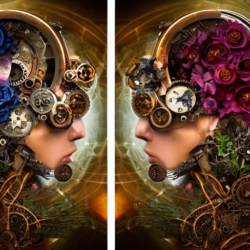 Image similar to a beautiful intricate fine art portrait photo of a mechanical industrial steampunk cybernetic yin yang symbol, overgrown with colorful flowers and leaves by tom bagshaw and sean archer, golden ratio composition, studio lighting, 50mm lens, very detailed, bionic, cybernetic scifi, deep depth of field, artstation, 8K, highly coherent