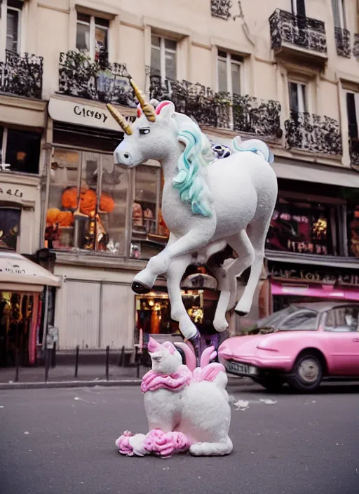 Image similar to a unicorn in paris, a cat and a piece of cabbage are crawling out of the unicorn, lsd, canon 5 d 5 0 mm lens fuji 8 0 0 film