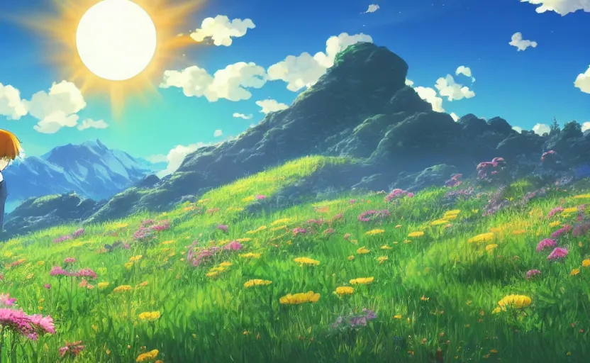 Image similar to fantastic anime sunny meadow with flowers, lone old Oak in the middle plane and mountains on the background, by Hayao Miyazaki, Nausicaa, studio Ghibli style, Anime wallpaper, stunning