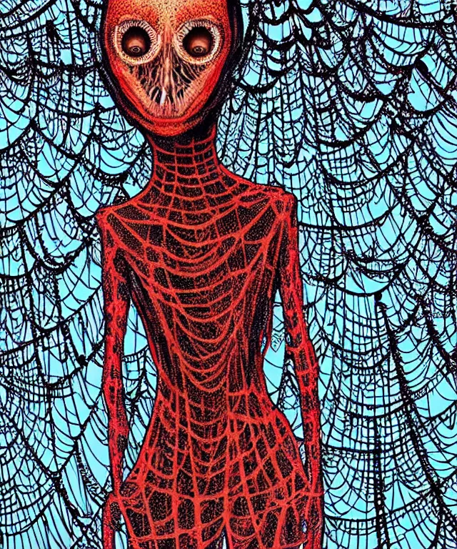 Image similar to a woman standing all covered in spiders. incredible number of spiders. extremely high details, many spider eyes, realistic, horror, creepy, web, masterpiece, colorful art