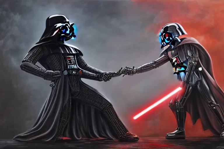 Image similar to darth vader and xenomorph queen alien fighting, side 2 d view, highly detailed, oil painting, crisp quality and light reflections, 4 k resolution