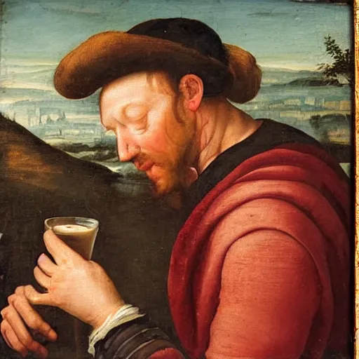 Prompt: A renaissance oil painting of a man drinking milk