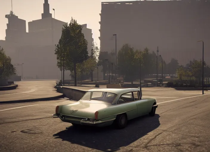 Prompt: hyperrealistic matte painting of gta game in moscow, 1 9 6 0, playstation 5 screenshot, man in adidas, mega details, golden hour, fog beautiful rtx reflections, soviet suburbs, photorealistic, unreal engine 5, octane render, volumetric light, featured on cg society, 4 k, 5 0 mm bokeh, russian lada car, artstation