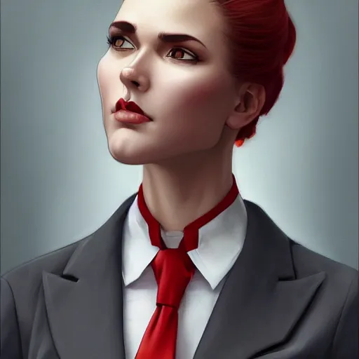 Image similar to a girl wearing a business suit, grey hair, red necktie, cinematic, stunning, highly detailed, digital painting, artstation, smooth, hard focus, illustration, art by artgerm and greg rutkowski and alphonse mucha