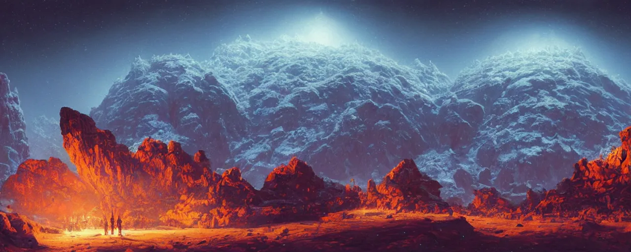 Image similar to ” outer planet with snow topped rock archs mountains, [ art by paul lehr, cinematic, detailed, epic, widescreen, opening, establishing, mattepainting, photorealistic, realistic textures, octane render ] ”