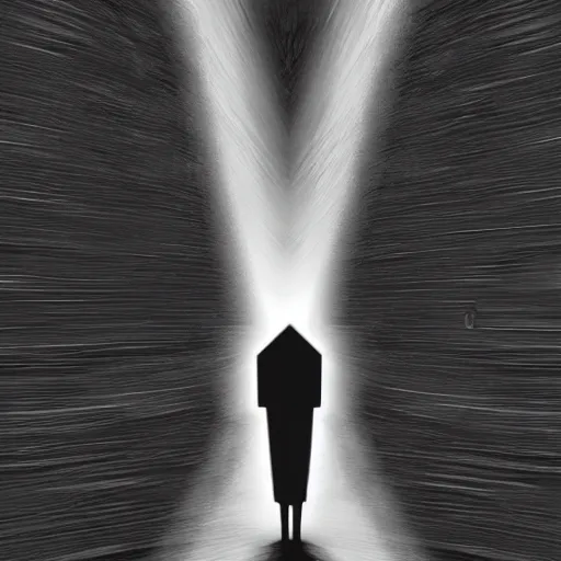 Image similar to a staircase heading to a black hole, dark scary figure standing at the top of the staircase