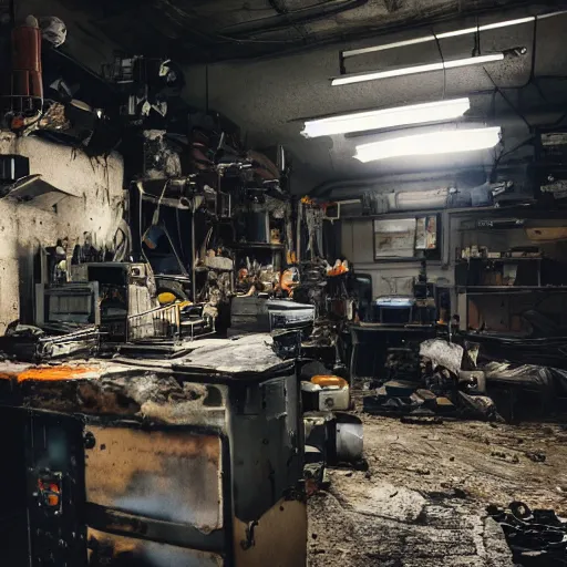 Image similar to cyborg toaster oven repairman, dark messy smoke - filled cluttered workshop, dark, dramatic lighting, orange tint, sparks, cinematic, highly detailed, sci - fi, futuristic, movie still