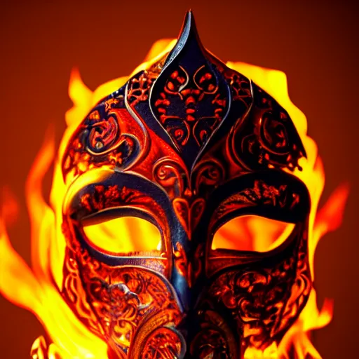 Image similar to an elaborate intricate mask made of flames water, rendered in octane, behance hd, bokeh backdrop