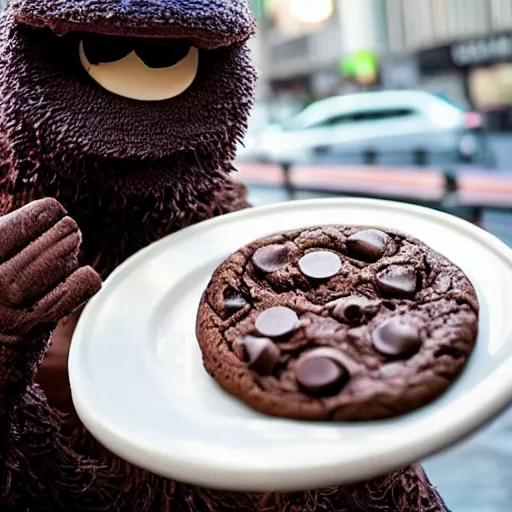 Prompt: chocolate cookie monster rampaging through New York