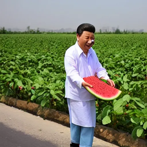 Prompt: xi jinping selling watermelons on the side of the road