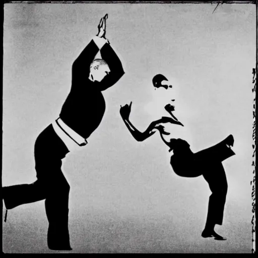 Image similar to donald trump dancing acrobatic rock with gandhi