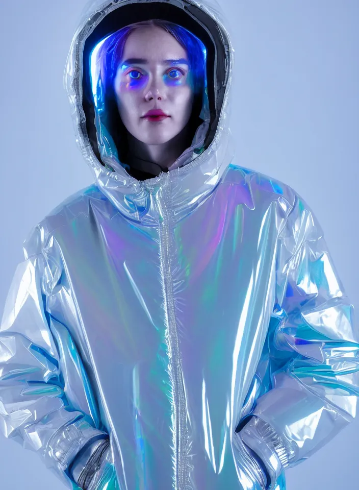 Image similar to an ultra high definition professional studio quality photograph of an artificially intelligent cyberpunk art influencer wearing a transparent iridescent pastel coloured face visor and matching bubbly puffy raincoat on white coat hook in a sheer icelandic black rock environment. three point light. dramatic lighting. volumetric shadows. light rays