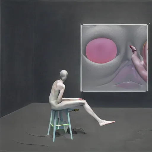 Image similar to portrait of a morphed gamer sitting on a stool looking into a mirror doing makeup by james jean and luc tuymans and beeple and hernan bas and pat steir and hilma af klint, psychological, 3 d, dripping paint, monochrome, high quality render, masterpiece