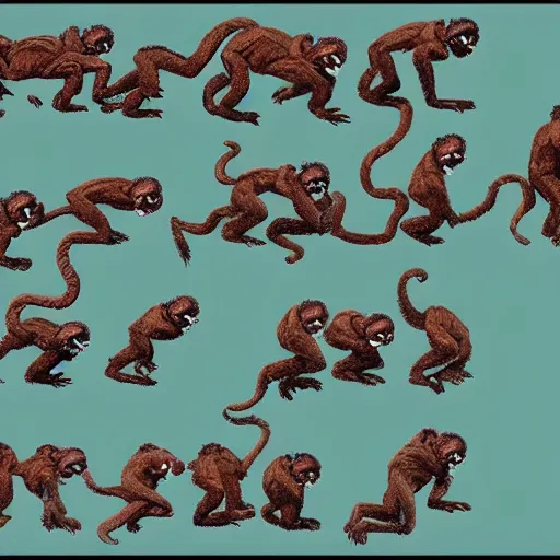 Image similar to 20 frame sprite sheet of a sideways monkey running, 8k, highly detailed, highly intricate,