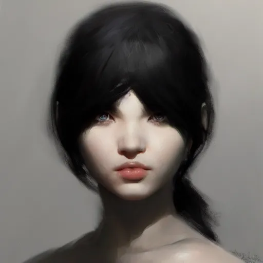 Image similar to a cute girl by ruan jia, 8 k, closeup headshot, smooth, trending on artstation, black long hair, black eyes, movie poster style