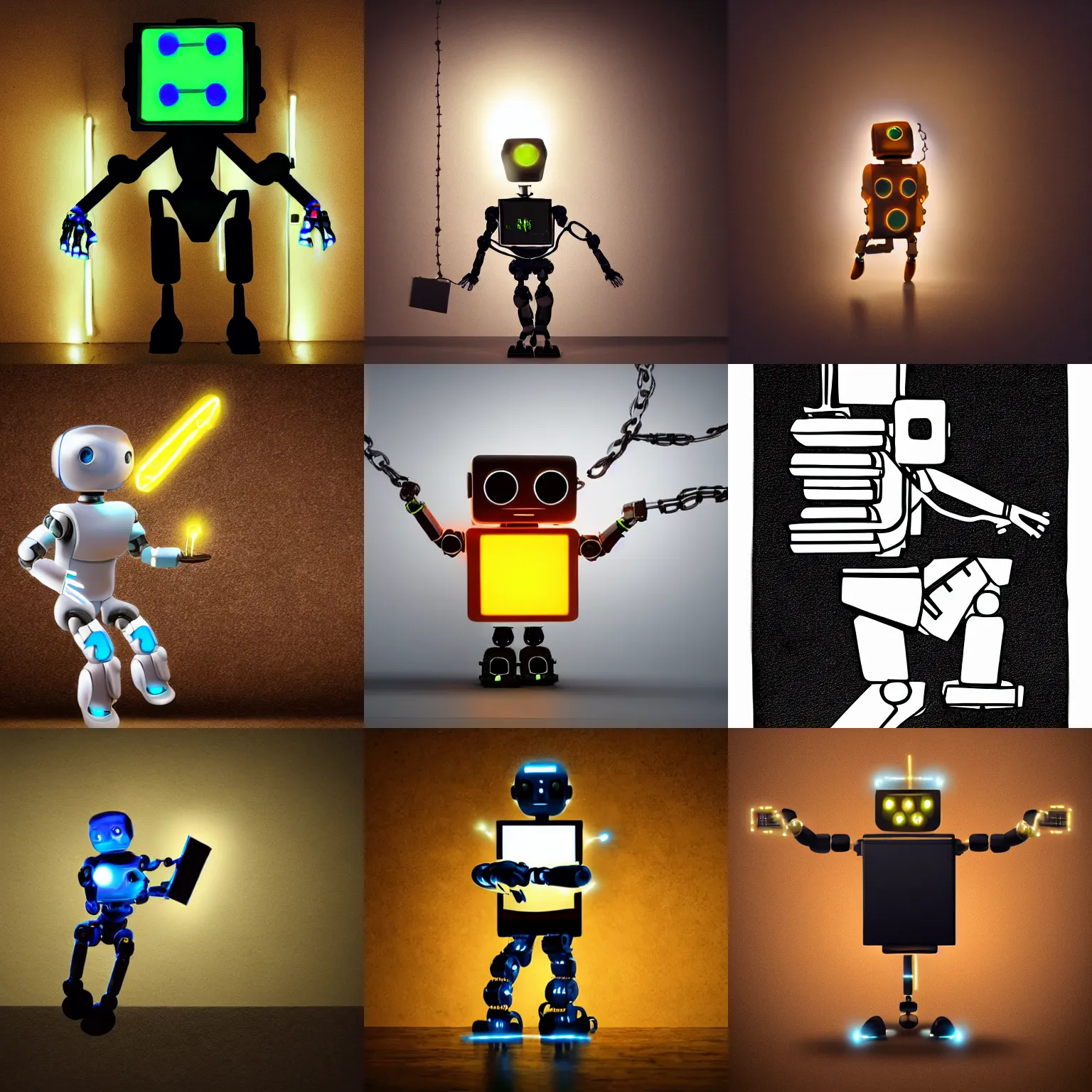 Image similar to running glowing robotic humanoid holding glowing book, dragging broken chains