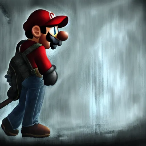 Image similar to concept art of mario in a ruined kingdom, resident evil, gothic horror, silent hill, occult, terror, mist, volumetric render