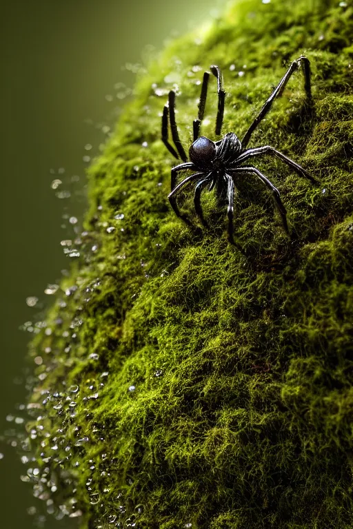 Image similar to a spider made of moss, dewdrops, macro, dramatic lighting, cinematic, establishing shot, extremely high detail, foto realistic, cinematic lighting, post processed, concept art, high details, cinematic, 8k resolution, beautiful detailed, photorealistic, digital painting, artstation, concept art, smooth, sharp focus, artstation trending, octane render, unreal engine