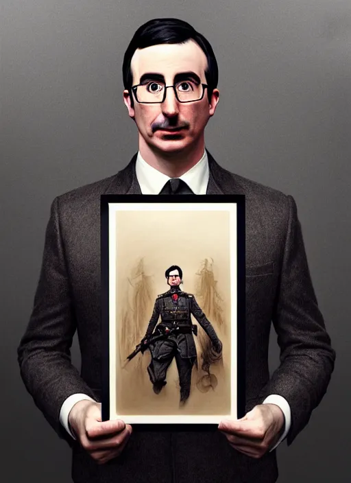 Image similar to a portrait of john oliver holding a portrait of adam driver, military uniform, fantasy, intricate, elegant, beautiful, highly detailed, charcoal, centered, dark, smokey, digital painting, artstation, concept art, smooth, sharp focus, illustration, art by artgerm and greg rutkowski and alphonse mucha