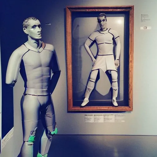 Image similar to “ a realistic detailed photo of a guy who is an attractive humanoid who is half robot and half humanoid, who is a male android, soccer player antoine griezmann, shiny skin, posing like a statue, blank stare, at the museum, on display ”