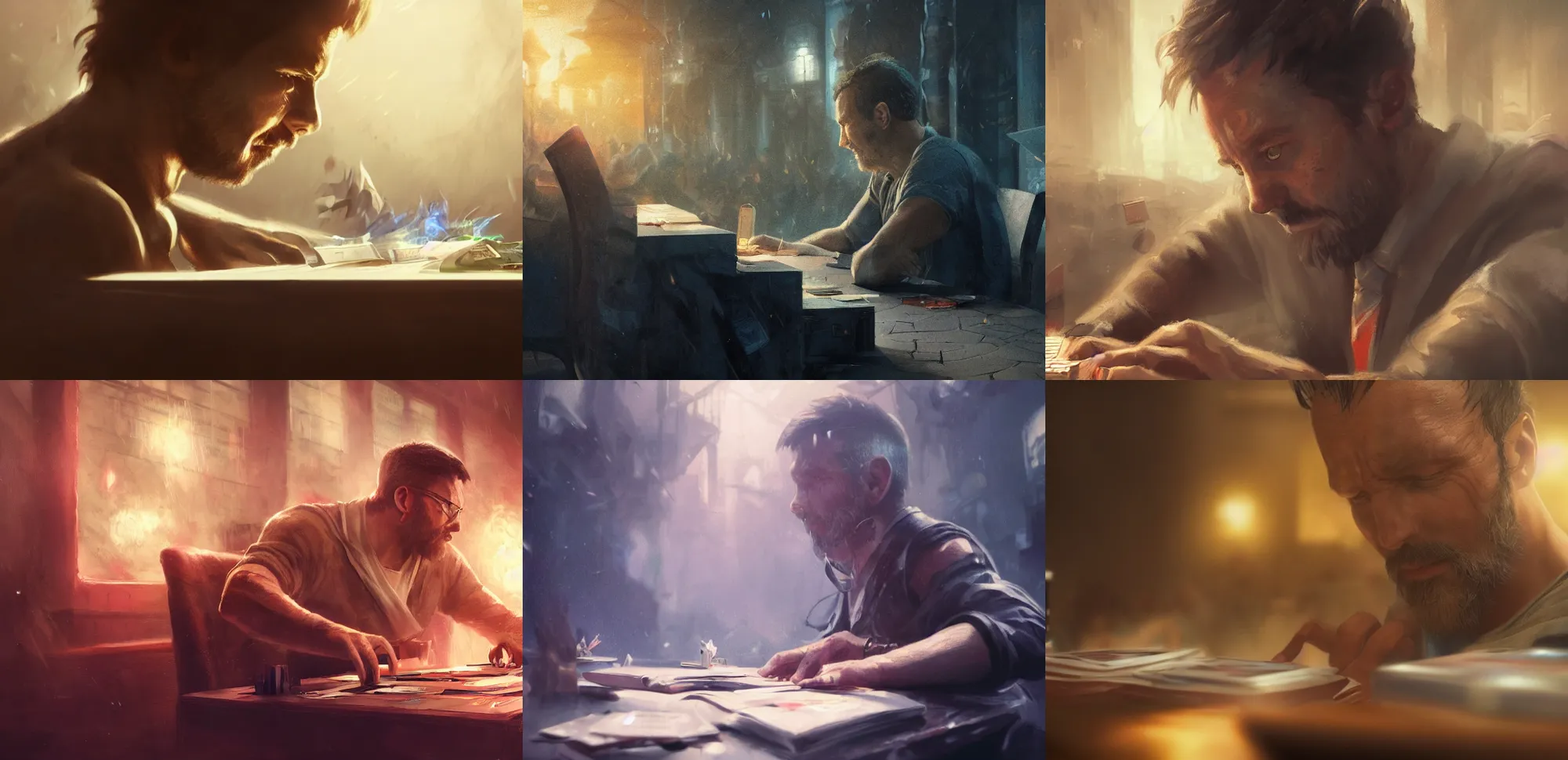 Prompt: close up cinematic artwork of a man playing a MTG tournament by Greg Rutkowski, 4k, masterpiece