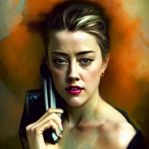 Image similar to hyperrealistic portrait of a woman as amber heard making a telephone noir call by jeremy mann and alphonse mucha, fantasy art, photo realistic, dynamic lighting, artstation, poster, volumetric lighting, very detailed faces, 4 k, award winning