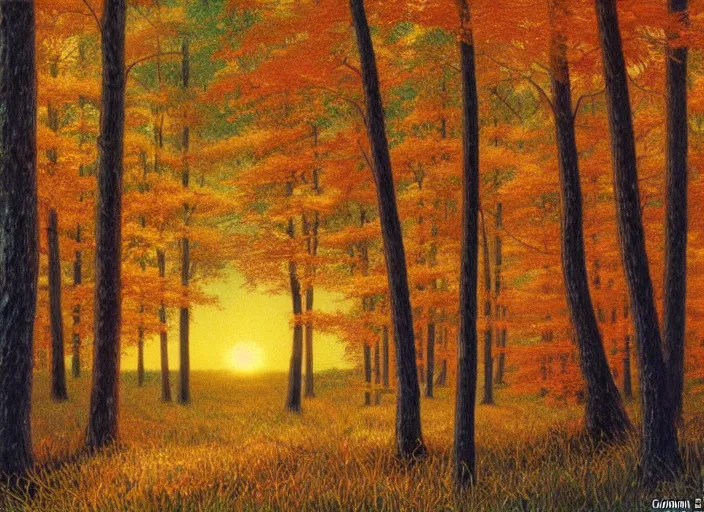 Prompt: the sun rose over the horizon and bathed the forest with a warm golden glow. the trees of the forest seemed to stretch toward the sky, reaching for the light of day. & d concept art, d & d wallpaper, warm, walls painted blue, blue walls, digital art. art by james gurney and larry elmore.