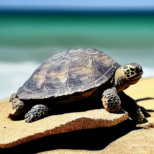 Image similar to a turtle on a rock looking at the sea, macro 8mm photo, the camera is behind the turtle