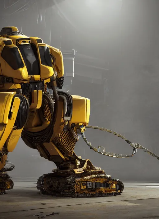 Image similar to a photorealistic dramatic hyperrealistic render of a futuristic exosuit power excavator heavy machinery, ultra realistic details, glossy yellow, well worn, rust, oil stains by vitaly bulgarov and mike nash, beautiful dramatic dark moody tones and lighting, cinematic atmosphere, studio lighting, global illumination, shadows, dark background, octane render, 8 k