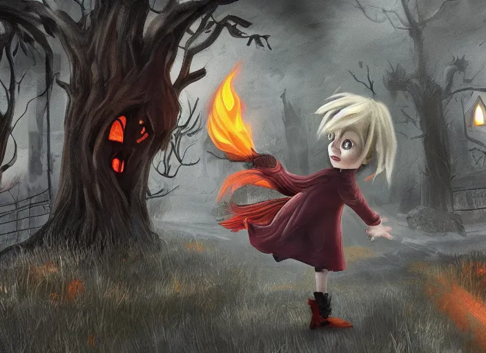 Prompt: little impish friend with fiery hair and matches leads into a spooky neighborhood digital art concept art highly realistic