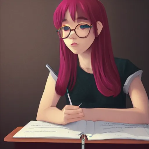 Prompt: LoFi girl studying, trending on art station, by Mike Winklemann