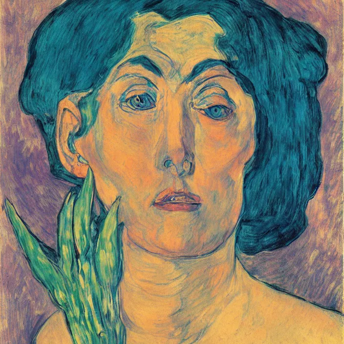 Image similar to portrait of a woman with wild exoticiris. indigo blue, turquoise. henri de toulouse - lautrec, egon schiele, gauguin, kathe kollwitz